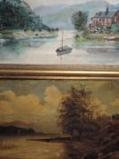 An oil painting on board, Frank Hend, lake scene, indistinctly signed, framed, 41 x 59cm, and an oil