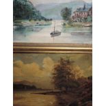 An oil painting on board, Frank Hend, lake scene, indistinctly signed, framed, 41 x 59cm, and an oil