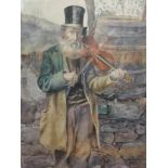A watercolour, elderly gent playing fiddle, unsigned, framed and glazed, 66 x 48cm