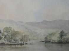 A watercolour, David H Harrison, lake landscape, signed, framed and glazed, 33 x 50cm