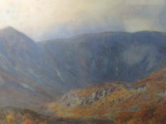 A watercolour, W Smallwood Winder, mountains and valley, signed and dated 1908, framed and glazed,