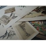 A portfolio of pictures, inc a watercolour, Indian entourage, 24 x 21cm, a print after Cecil