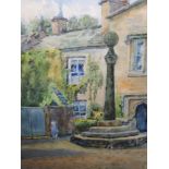 A watercolour, A Wolfenden, church yard, signed, framed and glazed, 23 x 31cm, and a similar