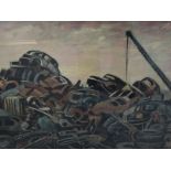 An oil painting, Hardaker, scrap yard, signed, framed and glazed, 48 x 74cm