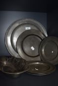 A selection of pewter wares including ornate Kayser Bon Bon dish.