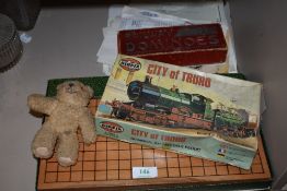 A selection of vintage toys, dominoes, railway Airfix kit and board games.