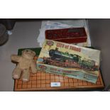 A selection of vintage toys, dominoes, railway Airfix kit and board games.