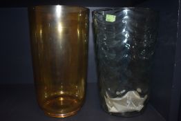 Two large colour glass vase one early design by White Friars (Green Wave) and similar size yellow