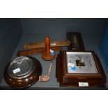 An assortment of items including Barometers, wooden darning mushroom, clay pipe and two foldable