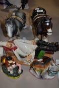 A selection of ceramics, including horses, and a Stafforshire figurine depicting two boys.