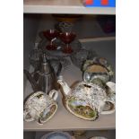 A collection of items including a Barbola dressing table mirror,Cake stand, jelly moulds,glasses and