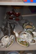 A collection of items including a Barbola dressing table mirror,Cake stand, jelly moulds,glasses and