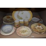 A collection of ceramics including Shelley platter, Royal Devon vases, and various plates.