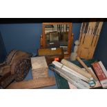 An assorted lot of wooden items, including vintage laundry tongs, letter rack, mirror, billows and