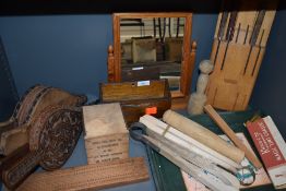 An assorted lot of wooden items, including vintage laundry tongs, letter rack, mirror, billows and