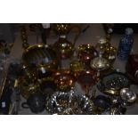 A large lot of brass, copper and plated ware, amongst which are planters, toast racks, egg cup,