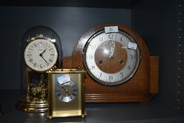 A selection of clocks including Emperor anniversary and art deco Smiths mantle clock with chime