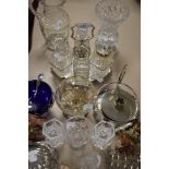 A selection of glass, crystal and plated wares ,including rose bowl, condiment set, and toast rack.