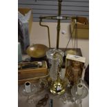 A large set of brass apothecary or chemists scales on mahogany stand, a glass chandelier and a