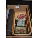 A selection of vintage playing cards and dominoes also a Hydrometer in tin case.