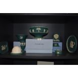 A selection of Jasperware ceramics by Wedgwood in an unusual Jade green ground, including fruit bowl