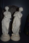 Two parian ware figures of classical maidens bathing one having hairline crack to arm both stand