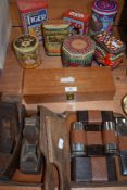 A miscellany of vintage styled advertising tins, a set of dominoes in box, butter pats,