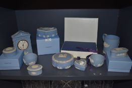 A selection of Jasperware ceramics by Wedgwood in an traditional blue ground, including fruit bowl
