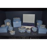 A selection of Jasperware ceramics by Wedgwood in an traditional blue ground, including fruit bowl