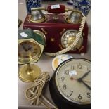 A vintage Genalex bakelite wall clock green plastic and brass mantle clock, and decorative ceramic