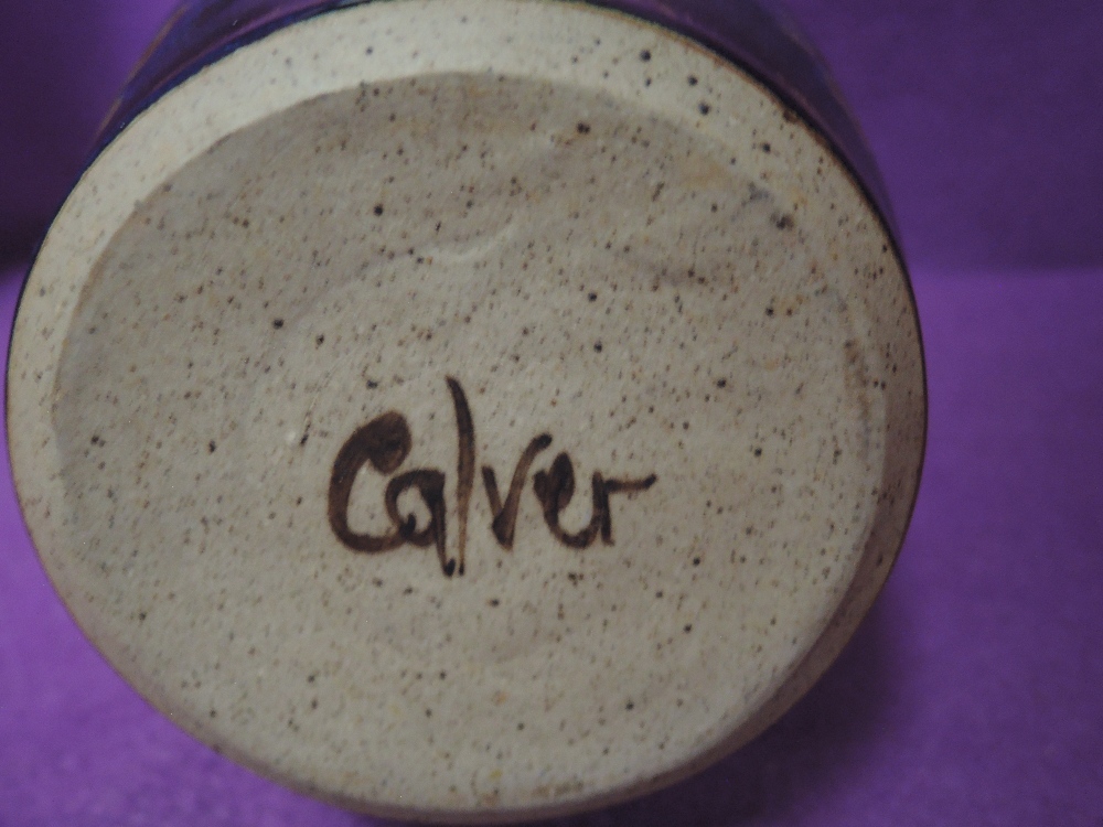 Two British studio pottery jugs by local potter John Calver hand thrown and decorated in blue - Image 2 of 3