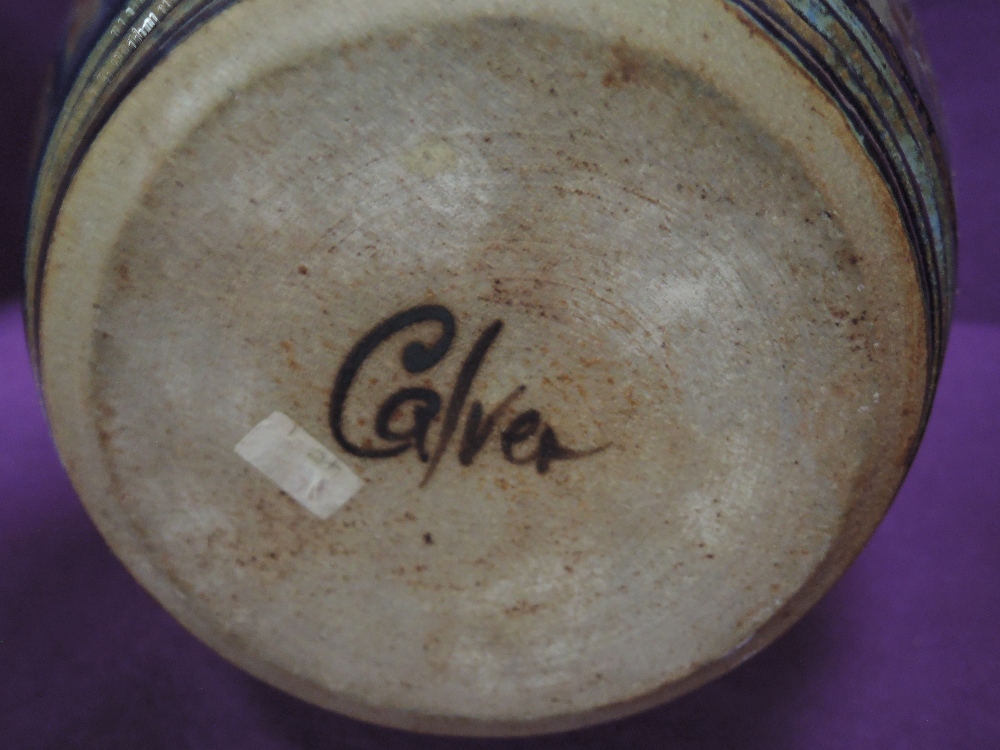 Two British studio pottery jugs by local potter John Calver hand thrown and decorated in blue - Image 3 of 3