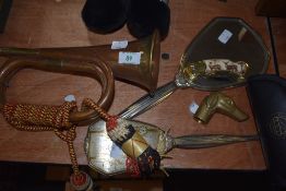 A part dressing table set, copper bugle in military style, Franklin mint knife and brass dog stick