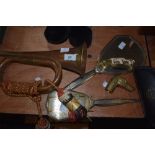 A part dressing table set, copper bugle in military style, Franklin mint knife and brass dog stick