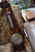 An Edwardian mahogany banjo aneroid barometer, having line and shell inlay decoration , broken