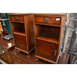 A pair of early 20th Century mahogany and walnut bedside cabinets, each width approx. 37cm, height