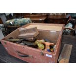 A vintage wooden tool box and contents