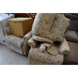 Two electric recliner chairs and ochre dralon box stool