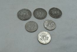 Six USA Coins, 3 Dollars 1921 x2 and 1889, 3 Half Dollars 1964 x3