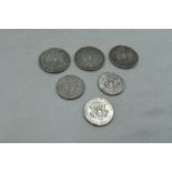 Six USA Coins, 3 Dollars 1921 x2 and 1889, 3 Half Dollars 1964 x3