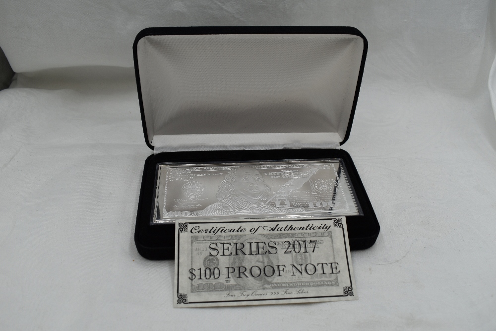 A USA 2017 4 Troy Ounces .999 Fine Silver 100 Dollar Bar as a Banknote, in case