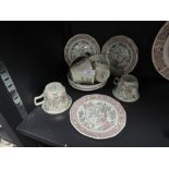 A small lot of cups, saucers and side plates, having Dark red transfer print with hand painted