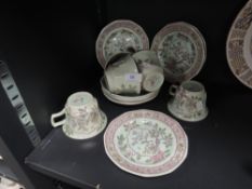 A small lot of cups, saucers and side plates, having Dark red transfer print with hand painted