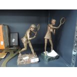 Two bronze cast figures of tennis players Virginia Wade and Christine Truman on marble bases