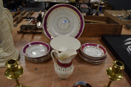 A part vintage tea set having cerise band and teal accents, with gilt edging, large bowl,jug,and