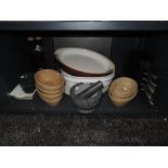 A selection of baking cooking and kitchenalia including granite mortar and pestle