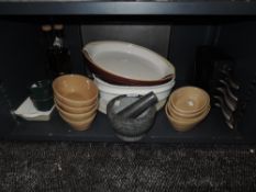 A selection of baking cooking and kitchenalia including granite mortar and pestle