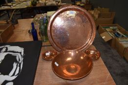 An arts and crafts hammered copper L.R.I Borrowdale platter or tray,large bowl with embossed