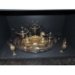 A selection of plated wares including gallery tray and brass ink and pen stand