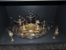 A selection of plated wares including gallery tray and brass ink and pen stand